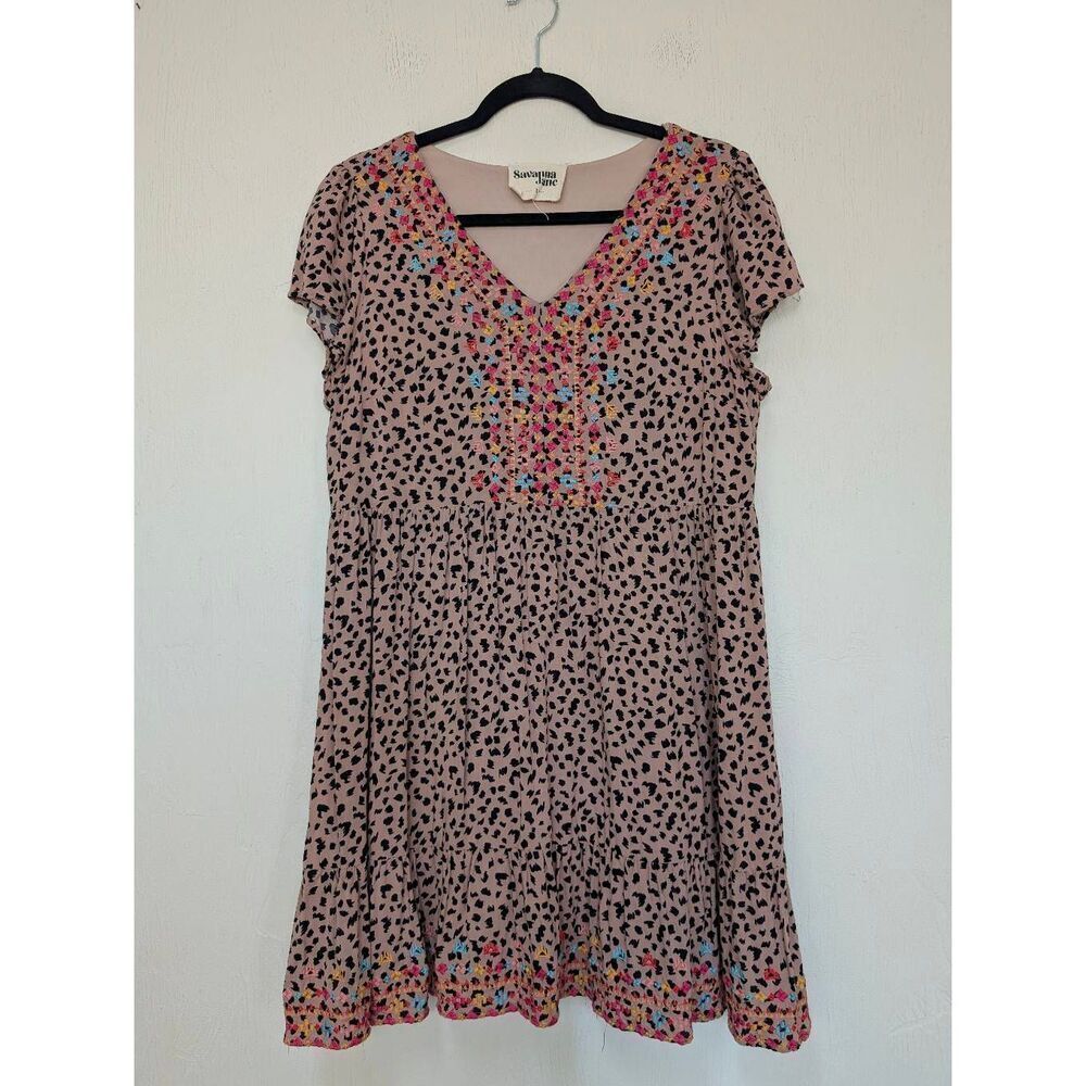 Savanna Jane Womens Animal Print Embroidered Tiered Babydoll Dress Tan Large